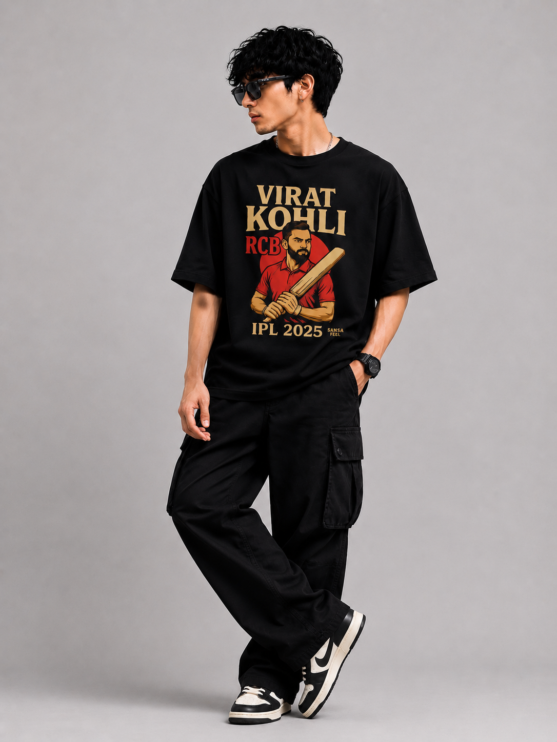 Genzhub Mens Virat Kohli RCB Black Graphic Oversized Tshirt
