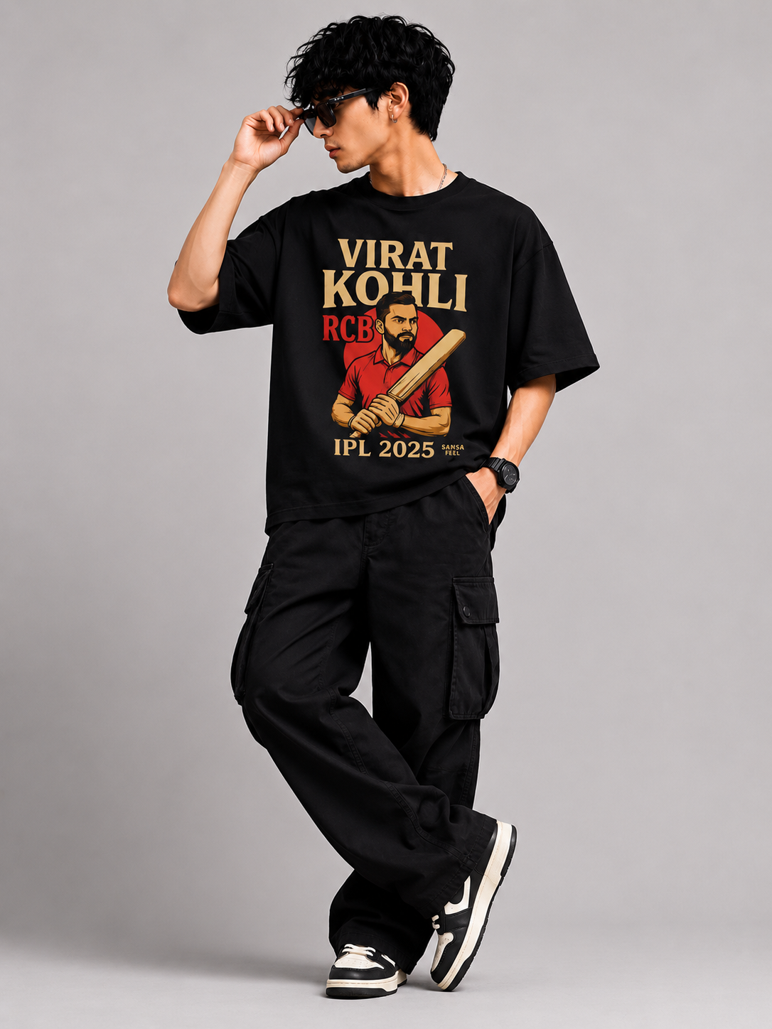 Genzhub Mens Virat Kohli RCB Black Graphic Oversized Tshirt