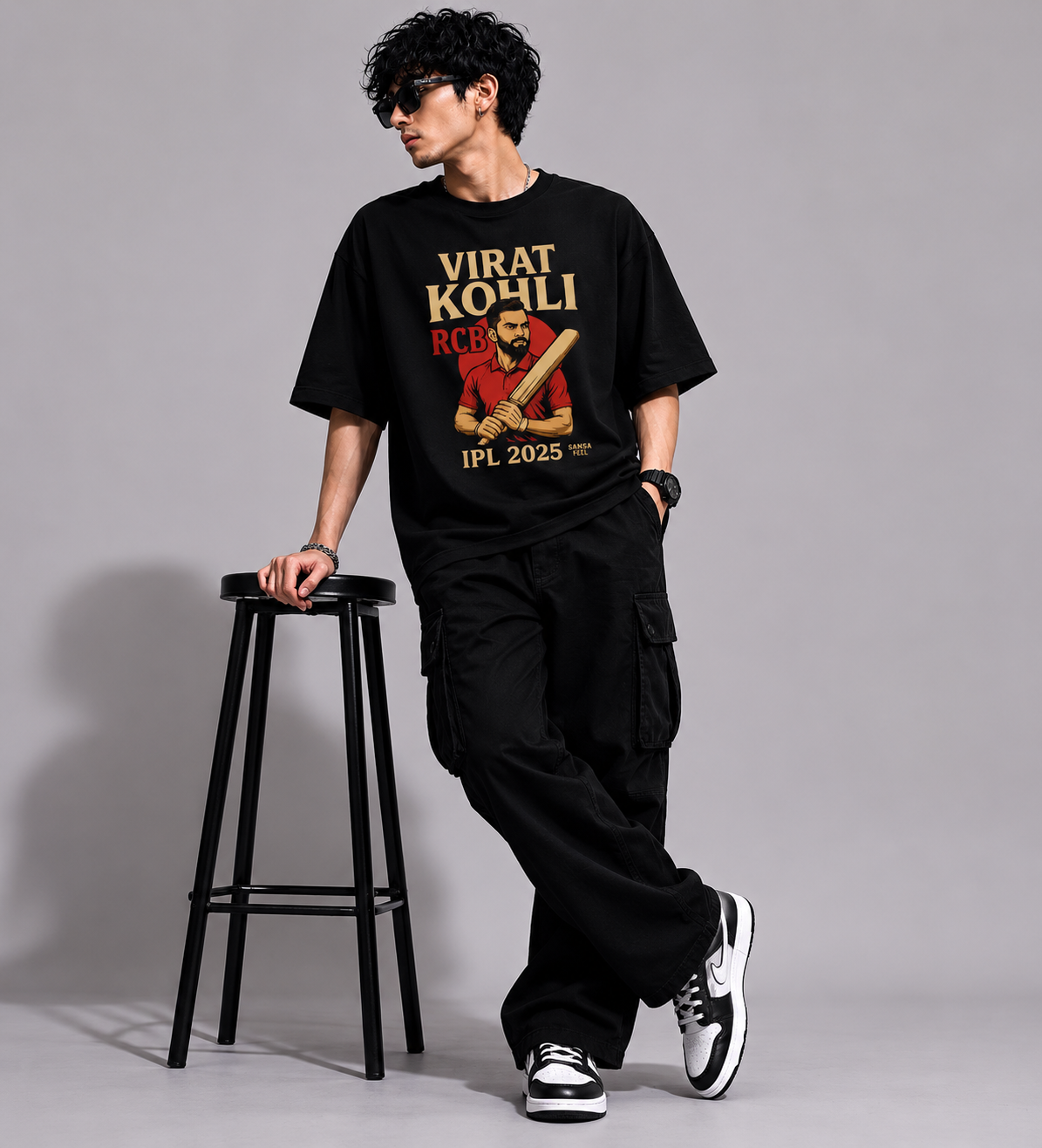 Genzhub Mens Virat Kohli RCB Black Graphic Oversized Tshirt