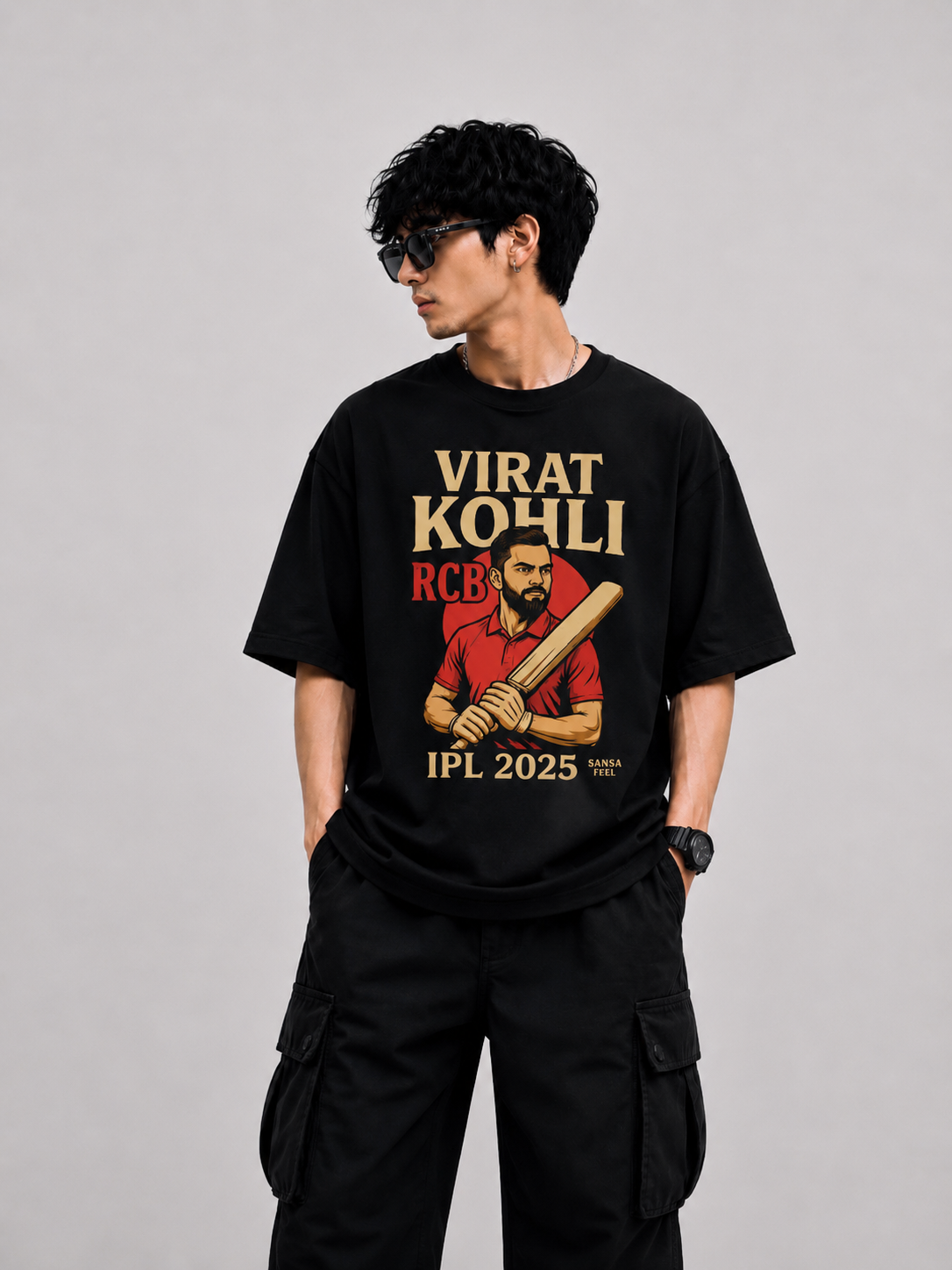Genzhub Mens Virat Kohli RCB Black Graphic Oversized Tshirt