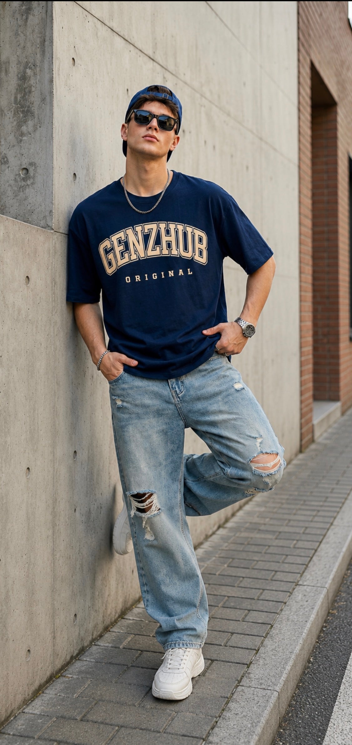 GenzHub Original Navy Oversized Typography Brand Printed T-shirt