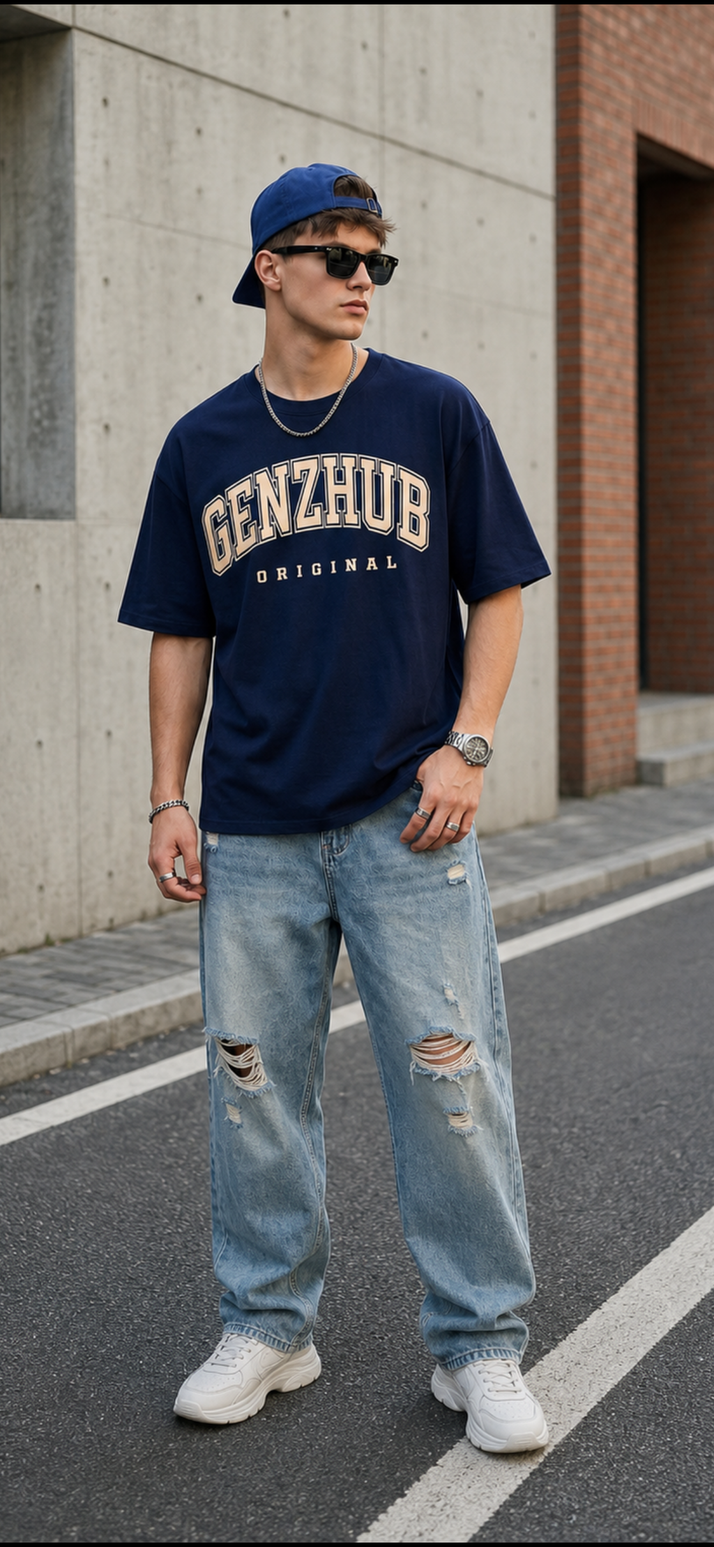 GenzHub Original Navy Oversized Typography Brand Printed T-shirt