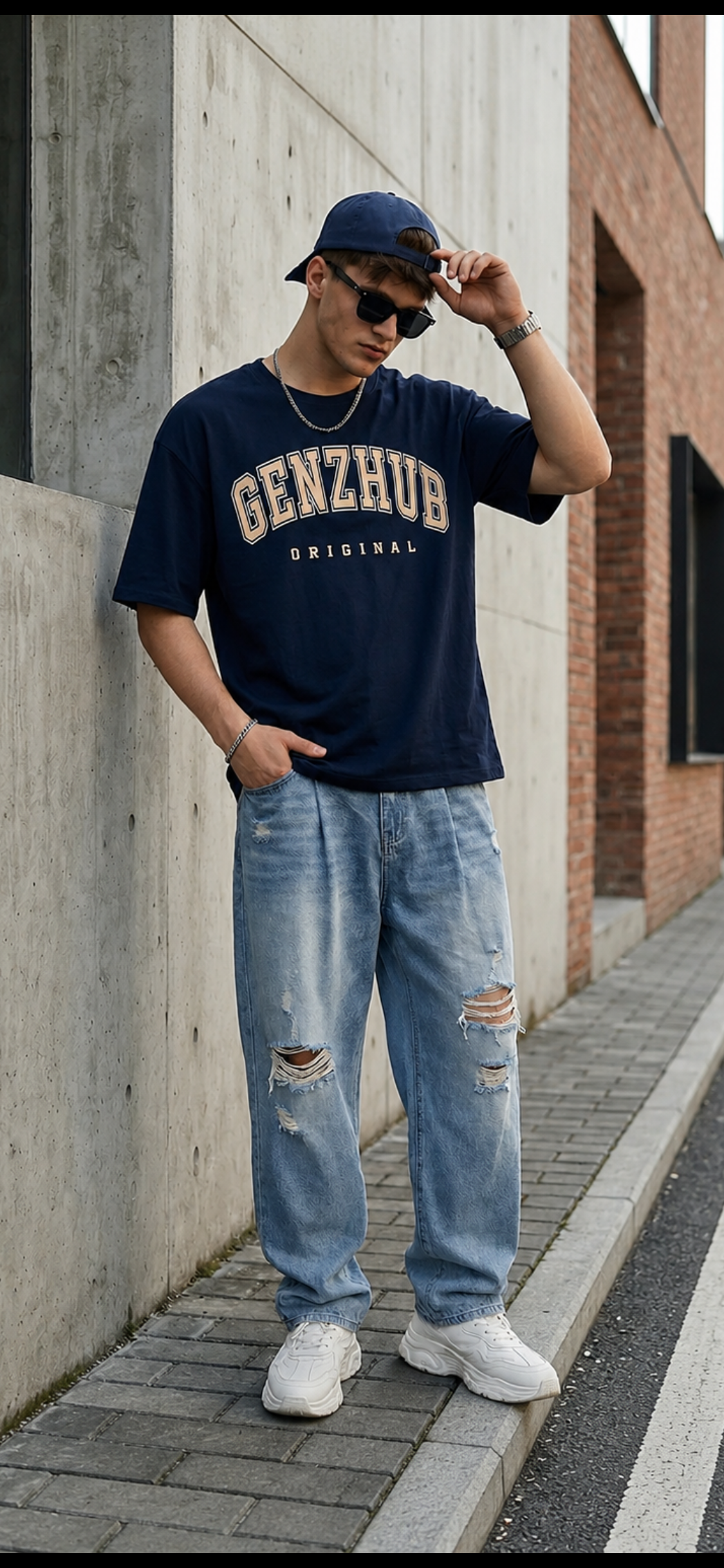 GenzHub Original Navy Oversized Typography Brand Printed T-shirt