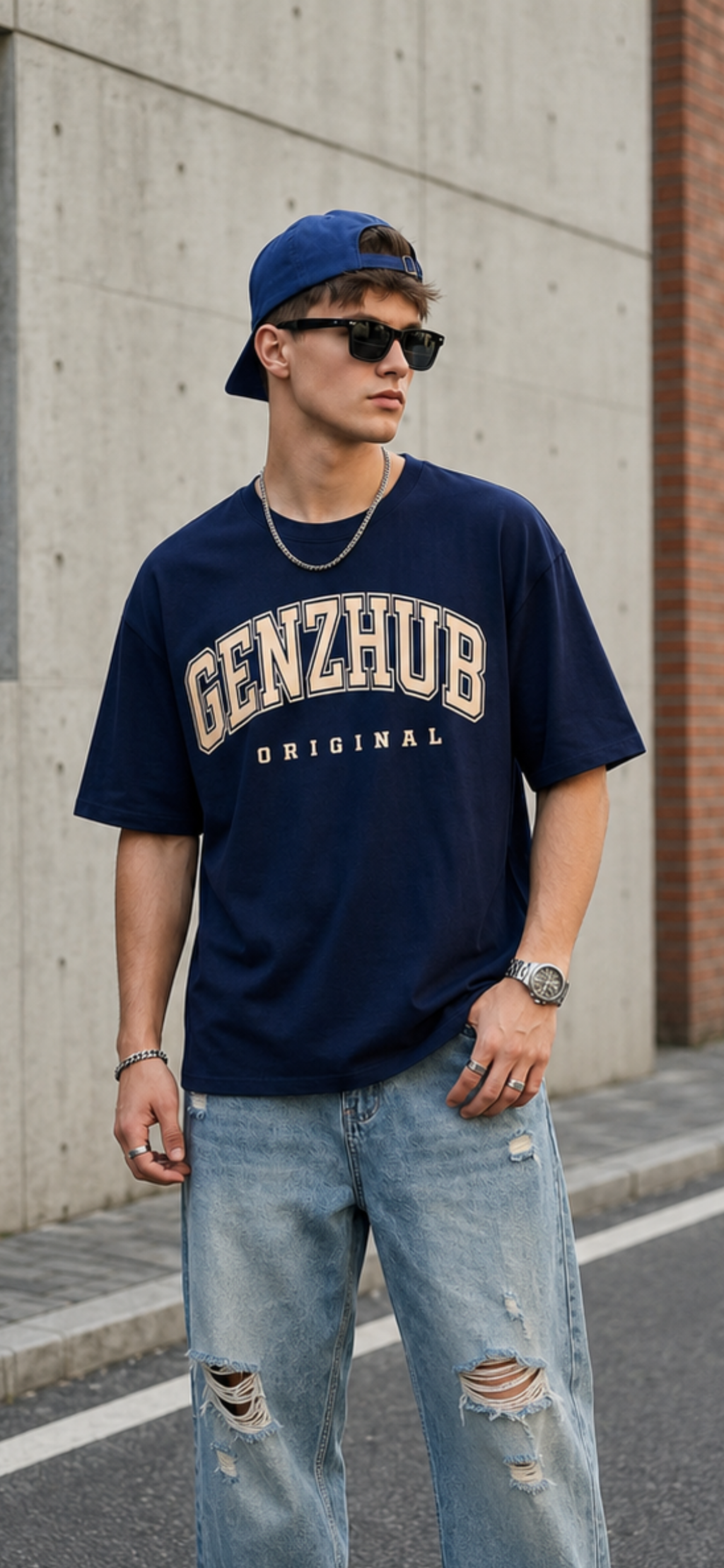 GenzHub Original Navy Oversized Typography Brand Printed T-shirt