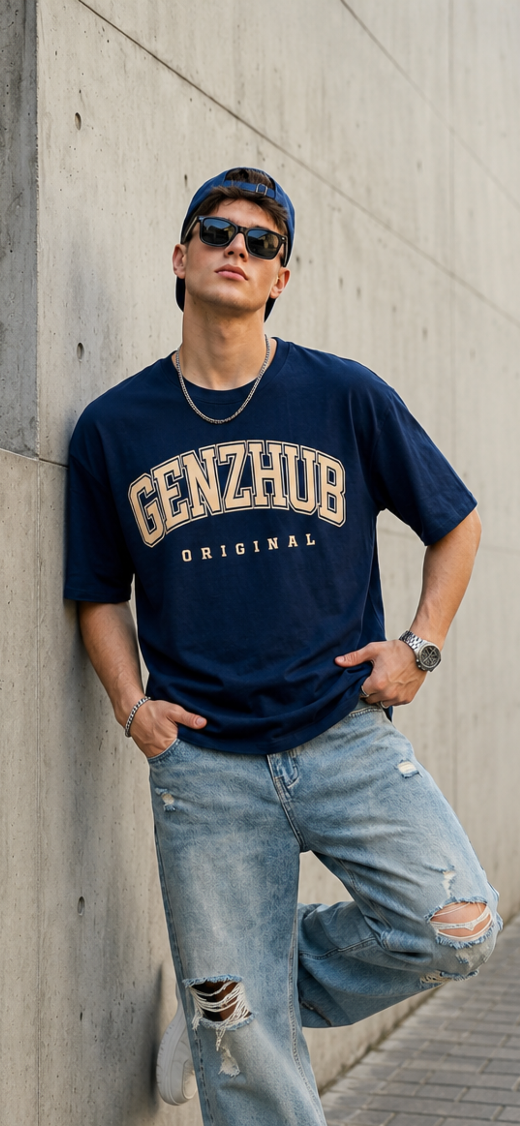 GenzHub Original Navy Oversized Typography Brand Printed T-shirt