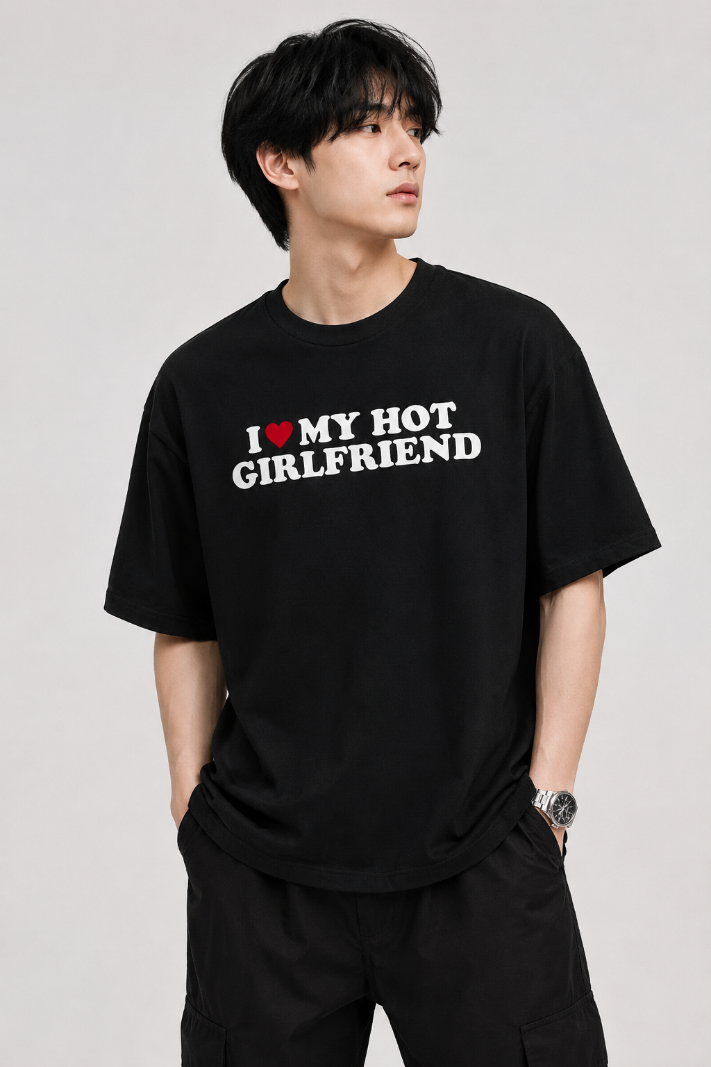 GenzHub Men’s Oversized Black T-Shirt Korean Streetwear  Printed Cotton Tshirt